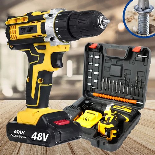 Parafusadeira Furadeira C/ 2 Baterias Maleta Kit Completo Led Eixo Flexível Vários Níveis Torque Simake