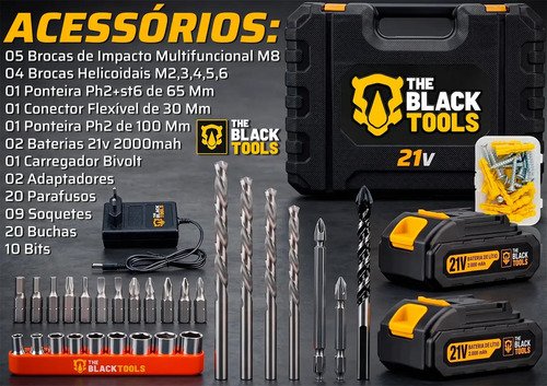 Parafusadeira Furadeira De Impacto 02 Baterias The Black Tools Profissional Tb-21px.2 Kit Completo Com Maleta Acessórios