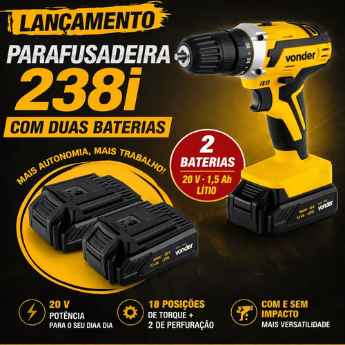 Parafusadeira Furadeira De Impacto 2 Bat 20v Pfv 238i Vonder