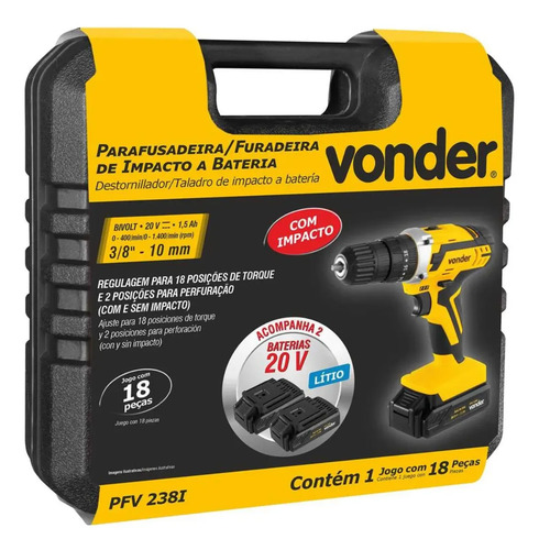 Parafusadeira Furadeira De Impacto 2 Baterias 20v Fonte Carregamento Bivolt Pfv238i Vonder