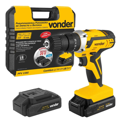 Parafusadeira Furadeira De Impacto 2 Baterias 20v Fonte Carregamento Bivolt Pfv238i Vonder