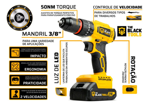 Parafusadeira Furadeira De Impacto 2 Baterias 21v Motor Brushless Com Maleta Brocas E Acessórios The Black Tools