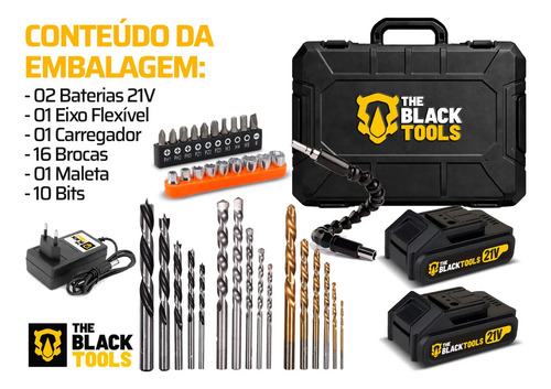 Parafusadeira Furadeira De Impacto 2 Baterias 21v Motor Brushless Com Maleta Brocas E Acessórios The Black Tools