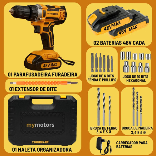 Parafusadeira Furadeira De Impacto 2 Baterias + Kit 46 Peças