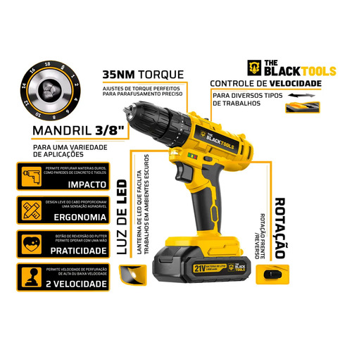Parafusadeira Furadeira De Impacto A Bateria 21V 3/8” Bivolt 1400 Rpm Com Acessórios E Maleta TB-21PZW The Black Tools