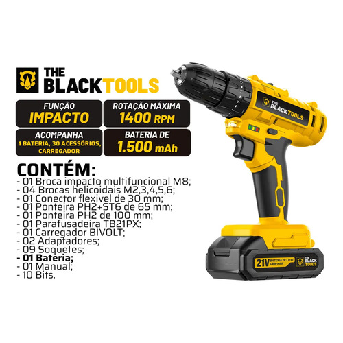 Parafusadeira Furadeira De Impacto A Bateria 21V 3/8” Bivolt 1400 Rpm Com Acessórios E Maleta TB-21PZW The Black Tools