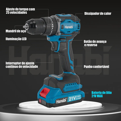 Parafusadeira Furadeira de Impacto Hanabi CY-3003 Brushless 2 Baterias 21v Cor Azul-petróleo Frequência 60hz 45N·m com 25 níveis de ajuste