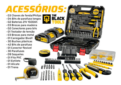 Parafusadeira Furadeira De Impacto The Black Tools Profissional 2 Baterias Com Maleta + Kit Acessórios 134 Peças Tbkit20
