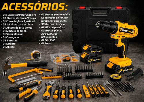 Parafusadeira Furadeira De Impacto The Black Tools Profissional 2 Baterias Com Maleta + Kit Acessórios 145 Peças Tbkit19