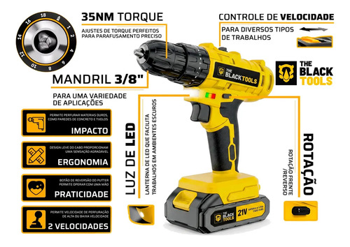 Parafusadeira Furadeira De Impacto The Black Tools Profissional 2 Baterias Com Maleta + Kit Acessórios 134 Peças Tbkit20