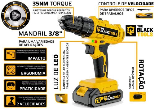 Parafusadeira Furadeira De Impacto The Black Tools Profissional 2 Baterias Com Maleta + Kit Acessórios 145 Peças Tbkit19
