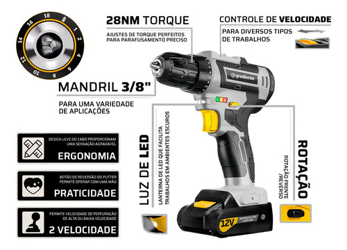 Parafusadeira Furadeira Gradiente GPB12V 3/8 a Bateria Cor Cinza Frequência 60Hz