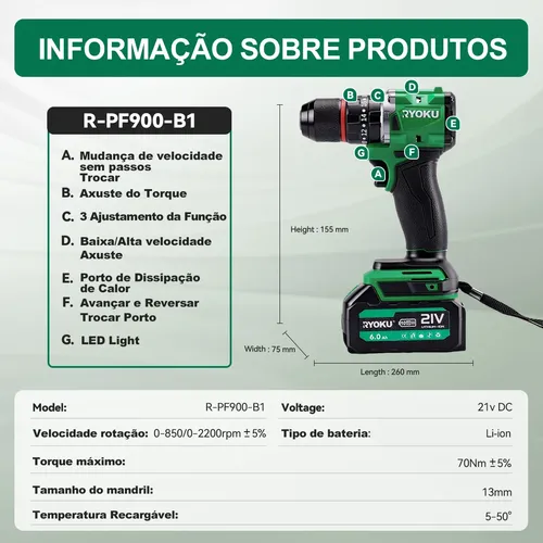 Parafusadeira Furadeira Impacto Brushless 13mm 21v 2 Bateria