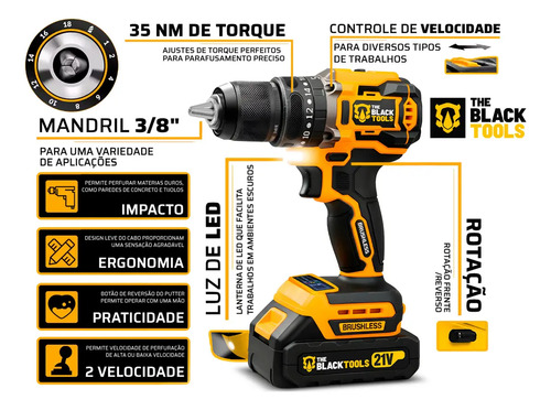 Parafusadeira Furadeira Impacto The Black Tools C/2 Baterias Amarelo E Preto 60hz