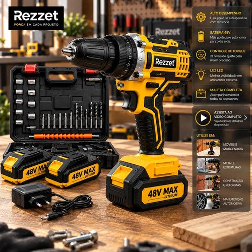 Parafusadeira furadeira rezzet 48v com 2 baterias e kit comp