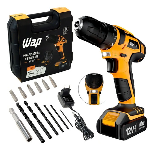 Parafusadeira furadeira sem fio 12v wap bpf 12k3 kit maleta