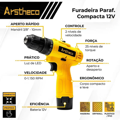 Parafusadeira Furadeira Sem Fio 25n 3/8 12v 10mm Bivolt Bateria Arstheco