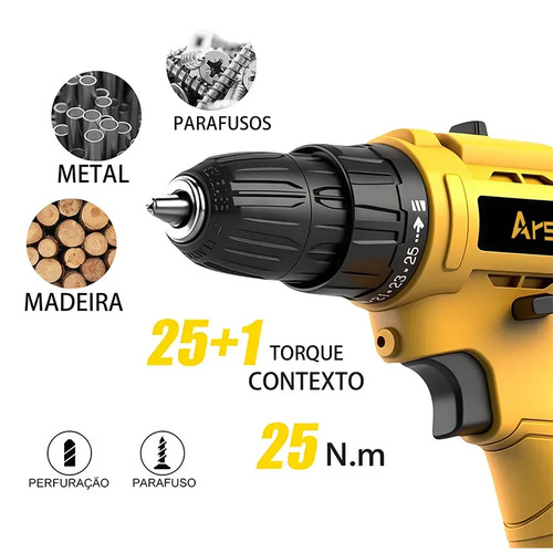 Parafusadeira Furadeira Sem Fio 25n 3/8 12v 10mm Bivolt Bateria Arstheco
