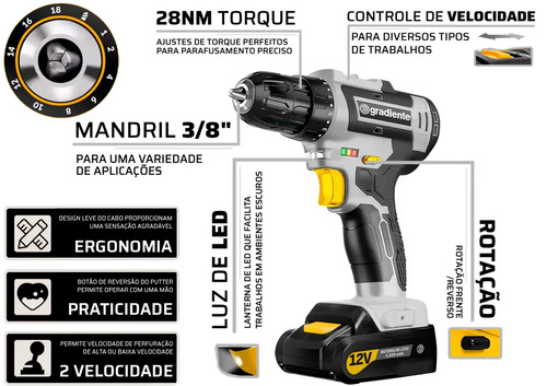 Parafusadeira Furadeira Sem Fio Gradiente Gpb12v-ac 3/8 12v Bivolt Para Madeira Metal Com Maleta E Acessórios