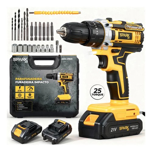 Parafusadeira furadeira sparkbr 2 baterias 21v maleta com ac