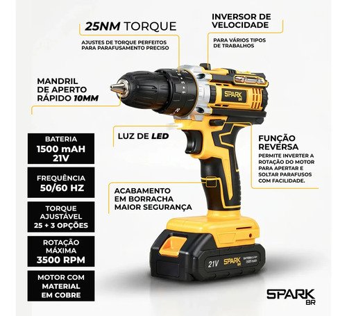 Parafusadeira Furadeira Sparkbr 2 Baterias 21v + Maleta Com Acessórios Kit Completo Led Eixo Flexível 2 Níveis Velocidade Torque