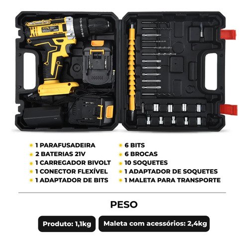 Parafusadeira Furadeira Sparkbr 2 Baterias 21v + Maleta Com Acessórios Kit Completo Led Eixo Flexível 2 Níveis Velocidade Torque