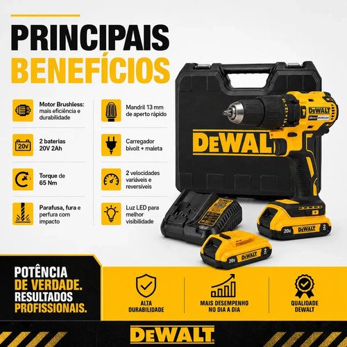 Parafusadeira/Furadeira De Impacto Dewalt Dcd7781d2 20v Brushless Mandril 13mm Torque 65nm Com 2 Baterias 2A.h Carregador Bivolt E Maleta Amarelo 127/220v