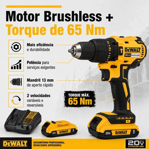 Parafusadeira/Furadeira De Impacto Dewalt Dcd7781d2 20v Brushless Mandril 13mm Torque 65nm Com 2 Baterias 2A.h Carregador Bivolt E Maleta Amarelo 127/220v
