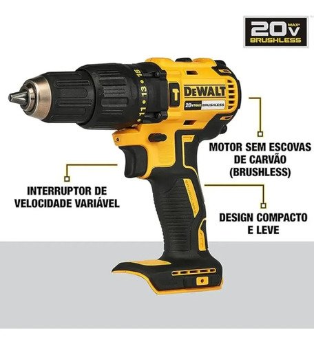Parafusadeira/Furadeira De Impacto Dewalt Dcd7781d2 20v Brushless Mandril 13mm Torque 65nm Com 2 Baterias 2A.h Carregador Bivolt E Maleta Amarelo 127/220v