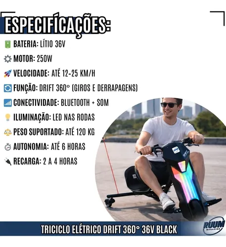Patinete Drift 360 Elétrico Ruum 36v 25km/h Bluetooth 110kg