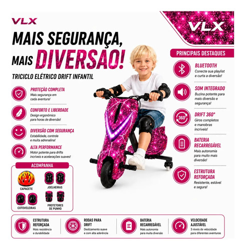 Patinete Eletrico 3 Rodas Triciclo Infantil Drift 450w 120kg Rosa Rosa Galáxia