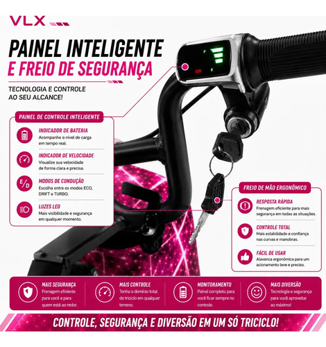Patinete Eletrico 3 Rodas Triciclo Infantil Drift 450w 120kg Rosa Rosa Galáxia