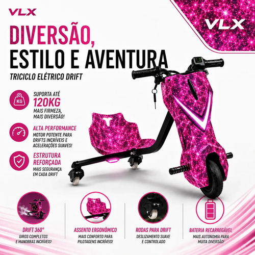 Patinete Eletrico 3 Rodas Triciclo Infantil Drift 450w 120kg Rosa Rosa Galáxia