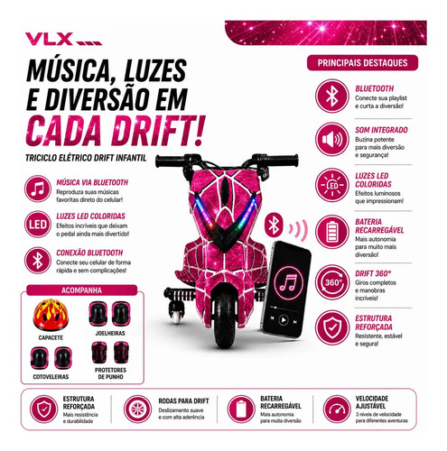 Patinete Eletrico 3 Rodas Triciclo Infantil Drift 450w 120kg Rosa Rosa Galáxia