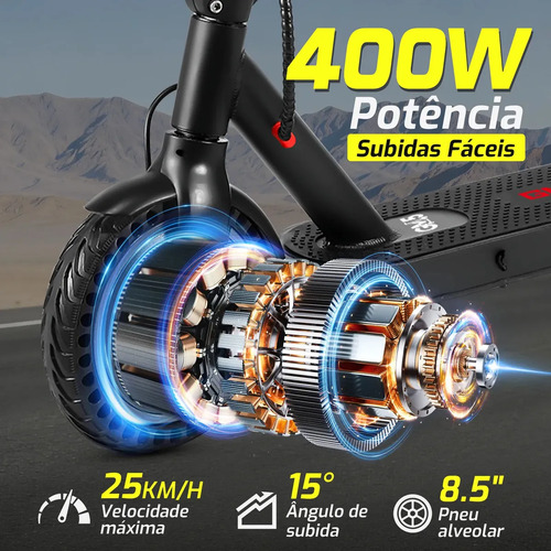 Patinete Elétrico GM5 P1 Preto Dobrável com Bluetooth, 25 Km/h e Autonomia de 22 Km