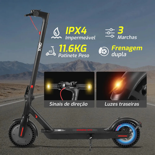 Patinete Elétrico GM5 P1 Preto Dobrável com Bluetooth, 25 Km/h e Autonomia de 22 Km