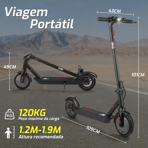 Patinete Elétrico GM5 P1 Preto Dobrável com Bluetooth, 25 Km/h e Autonomia de 22 Km