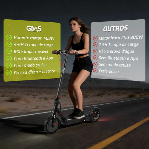 Patinete Elétrico GM5 P1 Preto Dobrável com Bluetooth, 25 Km/h e Autonomia de 22 Km