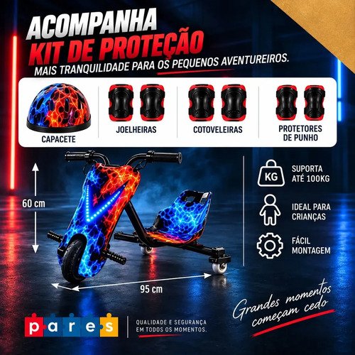 Patinete Elétrico Infantil Triciclo PARES Drift Bluetooth 3 Rodas 450W Vermelho Diversão e Lazer + Kit de segurança