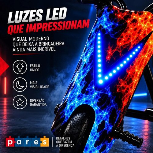 Patinete Elétrico Infantil Triciclo PARES Drift Bluetooth 3 Rodas 450W Vermelho Diversão e Lazer + Kit de segurança