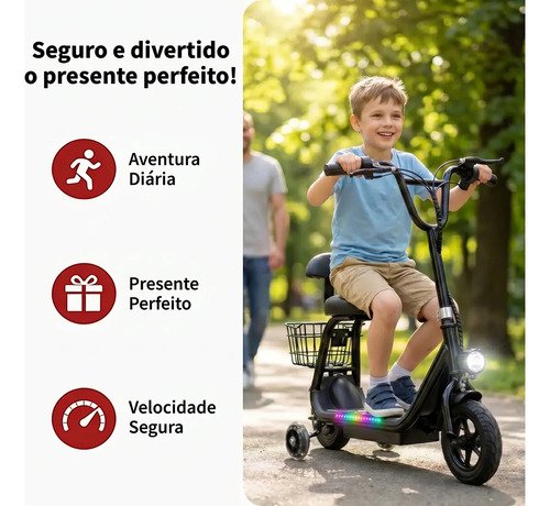 Patinete Elétrico Infantil XXH, Motor 300w Velocidade máxima 18KM/h Bluetooth 3 Velocidades, Faixa De Luz Led Colorida, Pedais Alargados, Até 80kg Preto