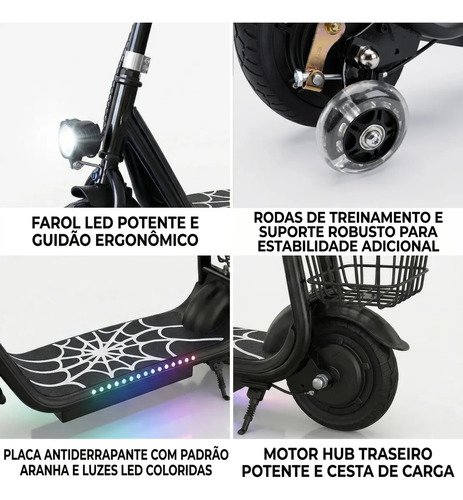 Patinete Elétrico Infantil XXH, Motor 300w Velocidade máxima 18KM/h Bluetooth 3 Velocidades, Faixa De Luz Led Colorida, Pedais Alargados, Até 80kg Preto