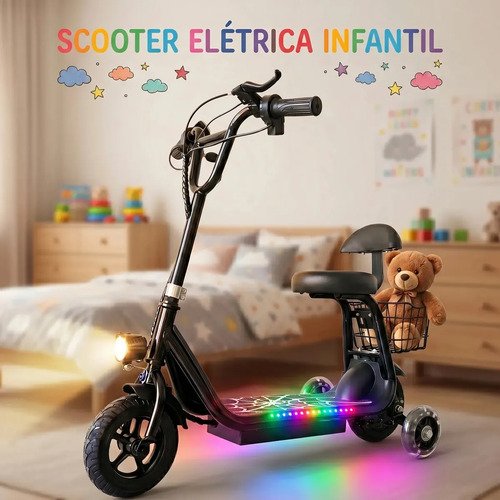 Patinete Elétrico Infantil XXH, Motor 300w Velocidade máxima 18KM/h Bluetooth 3 Velocidades, Faixa De Luz Led Colorida, Pedais Alargados, Até 80kg Preto
