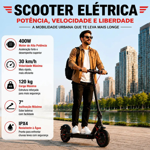 Patinete eletrico preto vermelho dobravel app bluetooth inte