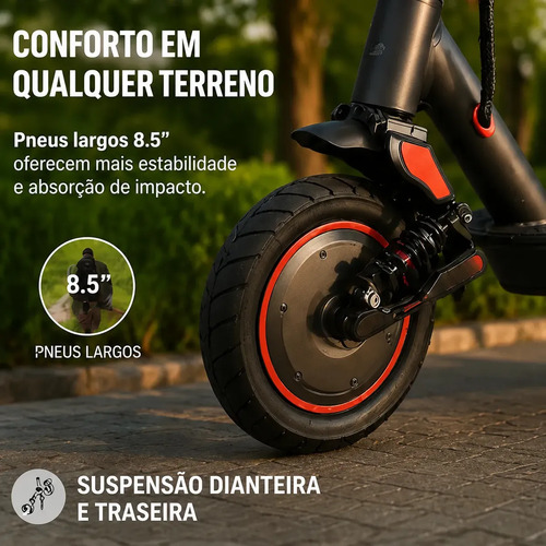 Patinete Elétrico Preto Vermelho Dobrável App Bluetooth Inteligente Motor 400W Carga Máxima 120kg Para Comutação Diária