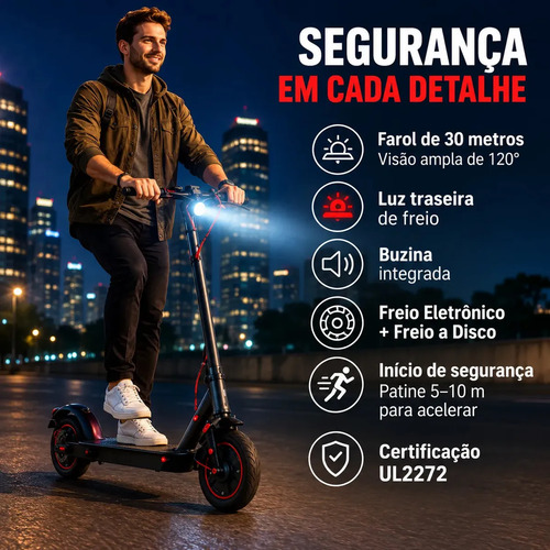 Patinete Elétrico Preto Vermelho Dobrável App Bluetooth Inteligente Motor 400W Carga Máxima 120kg Para Comutação Diária