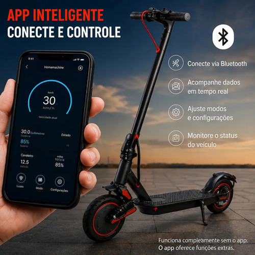 Patinete Elétrico Preto Vermelho Dobrável App Bluetooth Inteligente Motor 400W Carga Máxima 120kg Para Comutação Diária