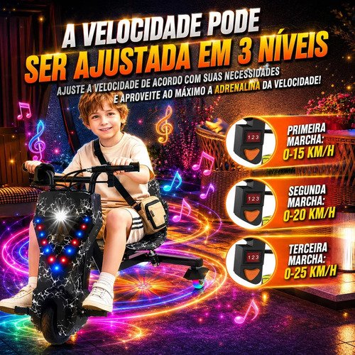 Patinete Elétrico Triciclo Drift Infantil 350W 36V Bluetooth LED 3 Velocidades Motor Brushless Luzes RGB Freio Manual Capacete Kit Proteção Bateria Lítio Ajustável Até 100kg Preto