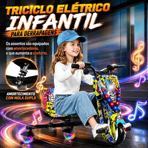 Patinete Elétrico Triciclo Drift Infantil 350W 36V Bluetooth LED 3 Velocidades Motor Brushless Luzes RGB Freio Manual Capacete Kit Proteção Bateria Lítio Ajustável Até 100kg Graffiti