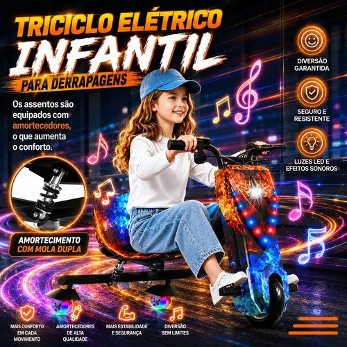 Patinete Elétrico Triciclo Drift Infantil 350W 36V Bluetooth LED 3 Velocidades Motor Brushless Luzes RGB Freio Manual Capacete Kit Proteção Bateria Lítio Ajustável Até 100kg Fogo e Gelo